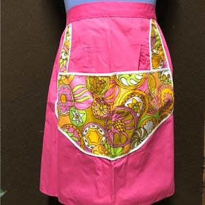 Fuchsia Pink Half Apron with Large Pocket Groovy Floral Print Vintage Kitchen